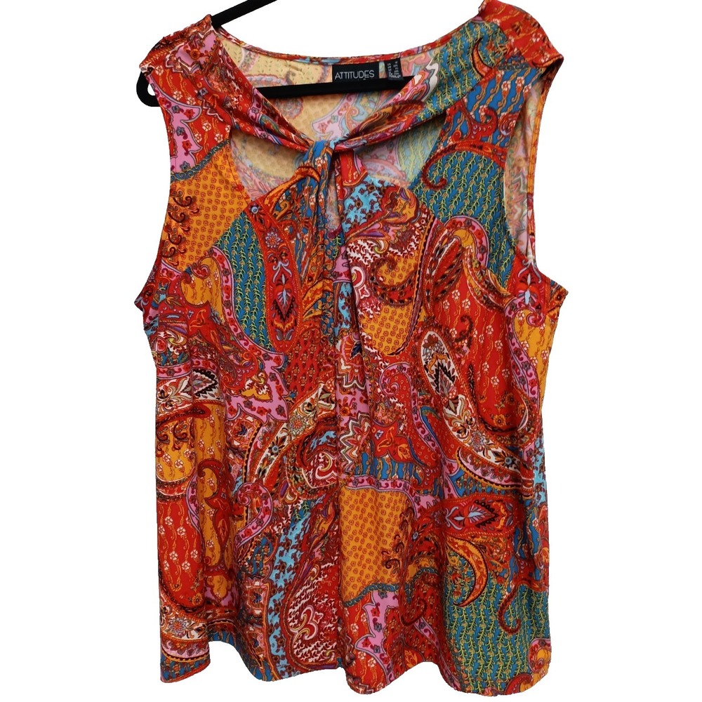 Attitudes By Renee Womens BOHO Tank Top Size 1X Multi Paisley Cutout Sleeveless